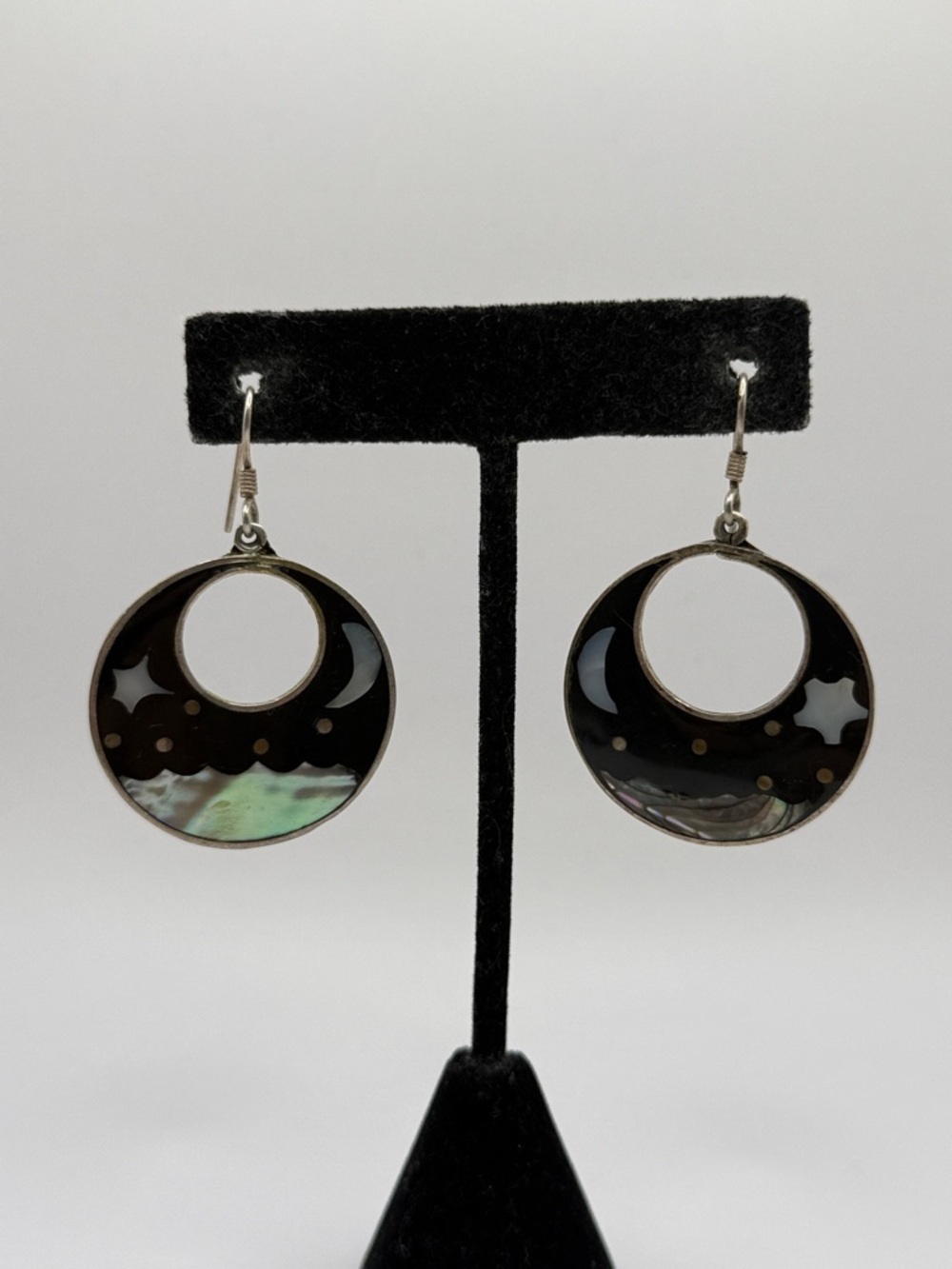 Vintage Alpaca Mexico Silver Tone Black Sun Moon Abalone Dangle Drop Earrings